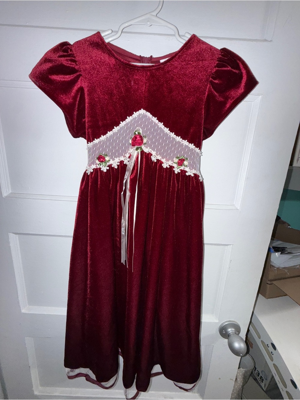 Rare Editions Burgundy Velvet Dress with White Floral Accents